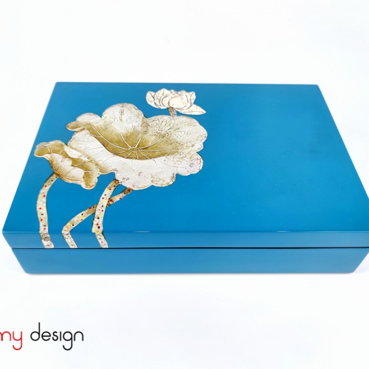 Blue rectangle lacquer box hand-painted with lotus 19*29*H6 cm